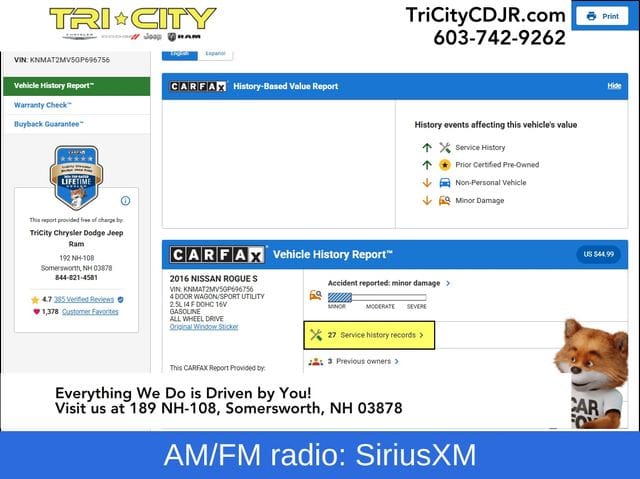 Used 2016 Nissan Rogue S with VIN KNMAT2MV5GP696756 for sale in Somersworth, NH