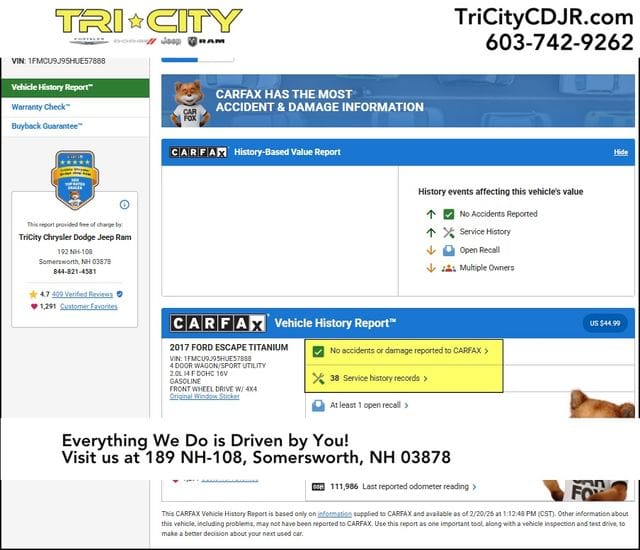 Used 2017 Ford Escape Titanium with VIN 1FMCU9J95HUE57888 for sale in Somersworth, NH