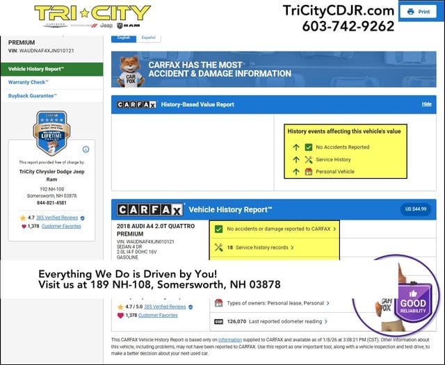 Used 2018 Audi A4 Premium with VIN WAUDNAF4XJN010121 for sale in Somersworth, NH