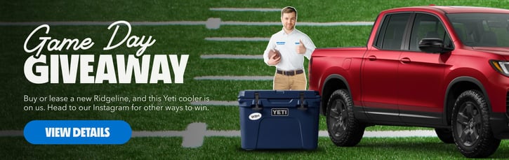 Game Day Giveaway ad featuring a red pickup truck, blue cooler, and smiling man on a football field with “View Details” button.