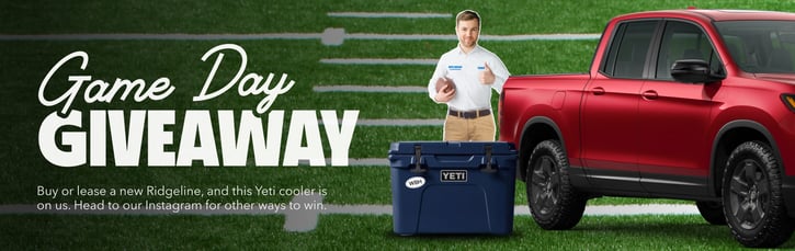 Game Day Giveaway banner shows a red pickup truck, blue YETI cooler, and smiling man on a football field, promoting RidgeLine gear.