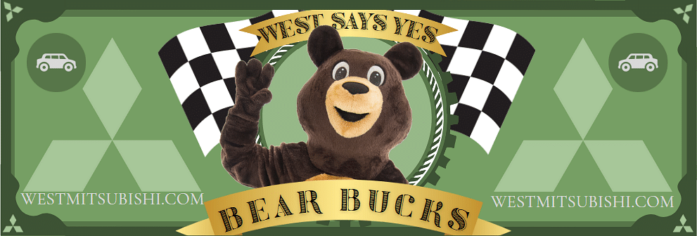 Bear bucks program logo with green background and car icons on left and right site