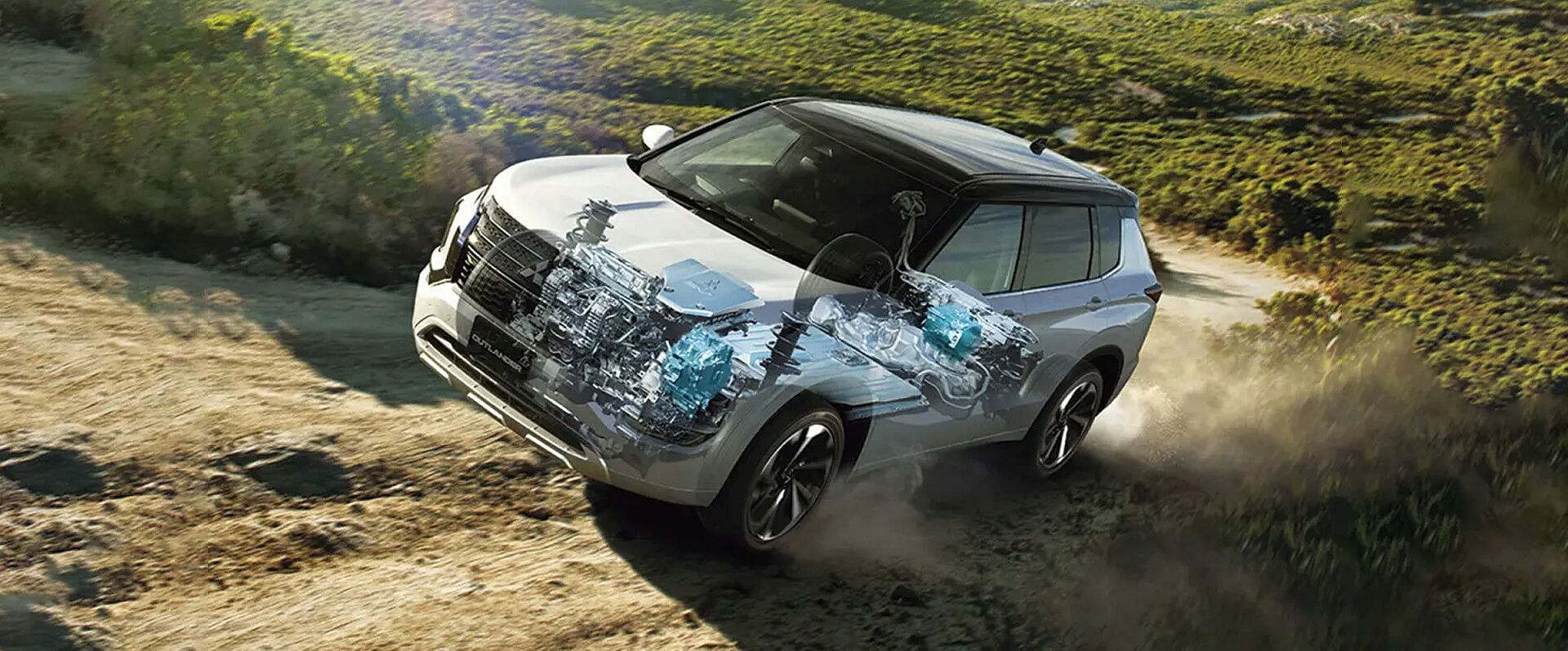 Animated demonstration of the engine and twin powered electric motors providing power to the 2023 Mitsubishi Outlander Plug-In hybrid SUV