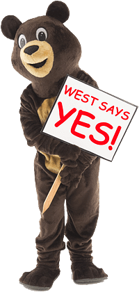 Rocky Bear with a sign saying West Says Yes