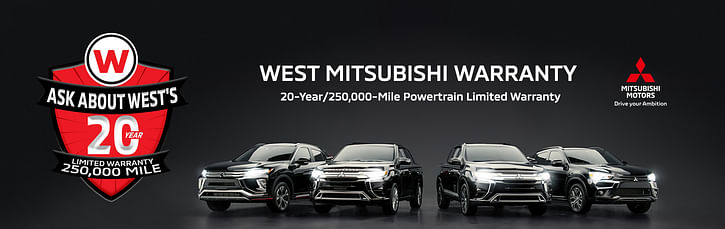 West Mitsubishi Warranty Banner, on the left badge and in the middle text "West Mitsubishi Warranty, 20-Year/250,000-Mile Powertrain Limited Warranty", underneath 4 Mitsubishi cars