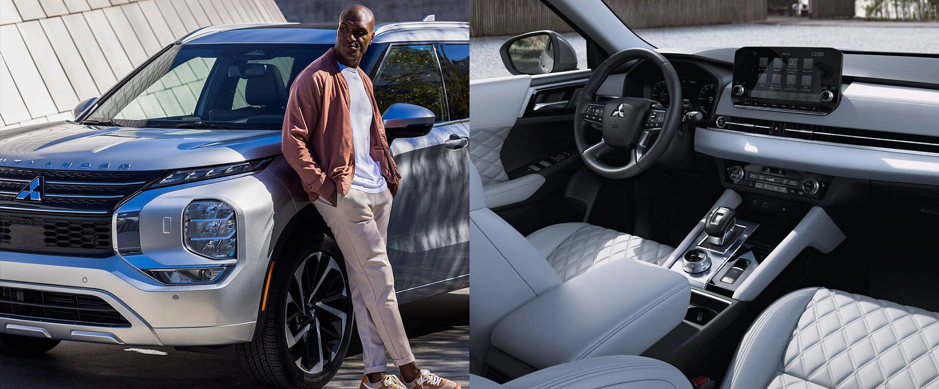 On the left, a man leaning against a silver 2023 mitsubishi outlander. On the right, the white and black interior of a 2023 mitsubishi outlander