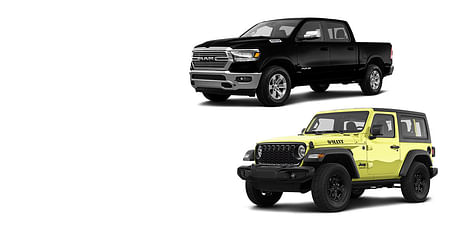 A yellow Jeep Wrangler and a black Ram 1500 on a white background.