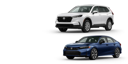 A white CR-V and a blue Civic Hybrid on a white background.